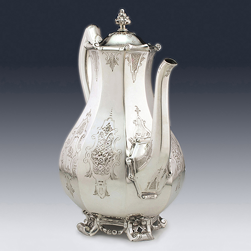 Antique silver coffee pot chased engraved design benjamin preston