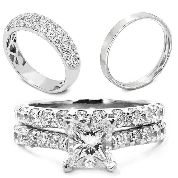 Diamond gemstone platinum, palladium, rose, yellow and white gold wedding rings and bands
